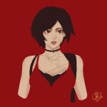  1girl ada_wong aegyo_sal black_hair black_shirt blending bob_cut breasts brown_eyes cleavage collar commentary dress english_commentary looking_to_the_side parted_lips red_dress red_lips resident_evil resident_evil_2 shirt short_hair solo spaghetti_strap undershirt upper_body yumeoi_1 