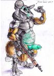 absurd_res african_wild_dog after_vore animal_genitalia animal_penis anthro anxiousboar balls balls_expansion belly bodily_fluids canid canine canine_genitalia canine_penis colored_pencil cybernetics cyborg expansion genital_expansion genital_fluids genitals hi_res leaking_precum machine male mammal penis pose precum slightly_chubby solo solo_focus synth_(vader-san) traditional_media_(artwork) transparent_belly vore weapon