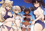  4girls ass bikini black_hair blue_swimsuit breasts cleavage commentary dark-skinned_female dark_skin detached_sleeves eyepatch fischl_(genshin_impact) genshin_impact highres kradebii looking_at_viewer lumine_(genshin_impact) medium_breasts mona_(genshin_impact) multiple_girls navel one-piece_swimsuit one_eye_covered open_clothes open_shorts purple_bikini shorts sideboob smile swimsuit twintails two_side_up white_bikini white_shorts xinyan_(genshin_impact) yellow_eyes 