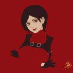  1girl ada_wong aegyo_sal black_gloves black_hair blending bob_cut brown_eyes chest_holster commentary crossed_arms english_commentary gloves head_tilt looking_at_viewer red_lips resident_evil resident_evil_2 short_hair smile solo upper_body yumeoi_1 