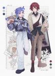  10_io 2boys alternate_costume animal_print belt black_choker black_shirt black_shoes boots brown_boots brown_pants cat_ear_smartphone_case cat_print cellphone character_name choker collared_shirt cup cursive disposable_cup english_text full_body grid_background hanasaki_miyabi highres hitodama holding holding_cup holding_phone holostars jacket lace-up_boots layered_shirt long_sleeves male_focus medium_hair minase_rio multiple_boys off-shoulder_jacket off_shoulder pants paper_background phone pinstripe_pattern pinstripe_shirt plaid_clothes plaid_pants polaroid_photo print_sweater purple_eyes purple_hair purple_sweater red_hair red_socks shirt shoes short_hair smartphone socks striped_clothes striped_shirt sweater sweater_vest tape vertical-striped_clothes vertical-striped_shirt virtual_youtuber white_background white_belt white_pants white_sweater_vest yellow_eyes 