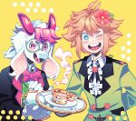  2boys absurdres animal_ears basil_(omori) blonde_hair blue_eyes blush bow bowtie cup deltarune flower furry furry_male glasses green-framed_eyewear hair_flower hair_ornament highres holding holding_teapot holding_tray long_sleeves looking_at_viewer multiple_boys omori one_eye_closed open_mouth pink_bow pink_bowtie ralsei remi_(mozzaremi) round_eyewear short_hair smile tea teacup teapot teeth tray upper_teeth white_hair yellow_background 