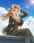  1girl absurdres animal_ears aviator_glasses balloon blonde_hair blue_sky bomber_jacket bonnie_barkswell bonnie_barkswell_(top_bon) breasts brown_gloves brown_jacket chest_belt cleavage cloud colored_tips commentary crossed_legs dog_ears dog_girl dog_tags dog_tail english_commentary eyewear_on_head fang fingerless_gloves flight_suit gerumani555 glasses gloves green_eyes green_jumpsuit highres indie_virtual_youtuber jacket jumpsuit lens_flare long_hair long_sleeves looking_at_viewer multicolored_hair navel open_mouth paw_print pouch salute sitting sky sunglasses tail thigh_pouch union_jack 