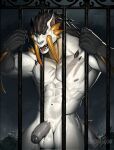  2022 abs anthro balls barioth bars behind_bars black_body black_glans black_sclera capcom danpinneon fangs flaccid flying_wyvern foreskin genitals glans grey_penis hi_res humanoid_genitalia humanoid_penis imprisoned imprisonment looking_at_viewer male monster_hunter multicolored_body muscular muscular_anthro muscular_male night nipples orange_body outside partially_retracted_foreskin pecs penis phinnherz solo video_games white_balls white_body yellow_eyes 