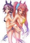  2girls animal_ears back-to-back bikini blush breasts brown_hair daiwa_scarlet_(umamusume) deviantart_sample from_side horse_ears horse_girl image_sample kein_hasegawa large_breasts locked_arms long_hair multicolored_hair multiple_girls open_mouth orange_hair pink_eyes pinup_(style) profile purple_bikini ribbon shiny shiny_hair shiny_skin short_hair sideboob simple_background small_breasts smile streaked_hair summer sweat swimsuit tail teeth tiara twintails two-tone_hair umamusume vodka_(umamusume) white_background yellow_bikini yellow_eyes 