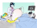  2022 absurd_res anthro bed belly big_belly blue_hair blue_highlights blush canid canine canis clothing doctor domestic_dog duo felid feline fur furniture hair hand_on_stomach hi_res highlights_(coloring) hospital hospital_bed hyper hyper_pregnancy lying lynx male mammal medical_examination medical_instrument navel necktie on_back on_bed orange_hair outie_navel pillow pregnant pregnant_male scientific_instrument screen shirt smile stretch_marks suit synthgoblin topwear ultrasound white_body white_fur yellow_body yellow_fur 