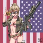  1girl american_flag_background american_flag_bikini artist_name ass_visible_through_thighs assault_rifle bikini blonde_hair blue_eyes breasts burger cowboy_shot flag_print flashlight food gun hair_bun highres jacket laser_sight looking_to_the_side magpul medium_breasts navel original puto_trash rifle side-tie_bikini smile solo sunglasses suppressor swimsuit thighs weapon 