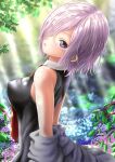  1girl bangs bare_shoulders breasts collar dappled_sunlight fate/grand_order fate_(series) flower forest from_behind hair_over_one_eye head_tilt hydrangea kein_hasegawa leaf light_rays looking_back mash_kyrielight medium_breasts nature necktie outdoors parted_lips purple_eyes purple_hair red_necktie removing_jacket short_hair sleeveless sunbeam sunlight sweat tree upper_body 