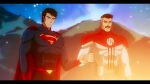  2boys black_hair blue_eyes cape crossover dc_comics facial_hair fist_bump foltest_animations grey_hair hill invincible_(series) multiple_boys mustache omni-man sky star_(sky) superman superman_(series) viltrumite viltrumite_clothes 