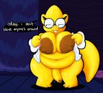 absurd_res alphys areola belly big_areola big_belly big_breasts big_penis bottomless bottomless_gynomorph bottomless_intersex breasts buckteeth clothed clothing coat dark_areola dialogue digital_media_(artwork) erection exhibitionism eyelashes eyewear ferry_(undertale) foreskin genitals glasses gynomorph hi_res huge_areola huge_breasts humanoid_genitalia humanoid_penis intersex knock-kneed lab_coat lizard looking_away mostly_nude navel nerd nipples oblivious overweight overweight_gynomorph overweight_intersex penis pincoosh reptile scales scalie signature solo_focus speech_bubble tail talking_to_viewer teeth topwear undertale undertale_(series) undressing waterfall wearing_glasses yellow_body
