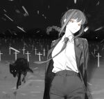  1girl artist_name braid braided_ponytail chainsaw_man coat collared_shirt commentary graveyard greyscale long_hair looking_at_viewer makima_(chainsaw_man) monochrome necktie office_lady pant_suit pants shirt shirt_tucked_in sidelocks snowing solo spot_color suit trench_coat untranslatable_commentary vaniste wolf yellow_eyes 