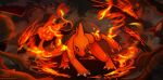  armband charmeleon claws commentary english_commentary fire flame-tipped_tail full_body haychel highres no_humans nostrils nuzleaf open_mouth pokemon pokemon_(creature) red_armband scraggy shinx smoke tail trubbish 