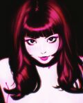  1girl bare_shoulders black_background blue_pupils blunt_bangs commentary english_commentary eyeshadow highres ilya_kuvshinov long_hair looking_at_viewer makeup original pink_eyeshadow pink_lips red_hair solo upper_body 