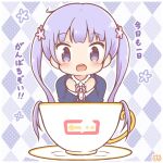  1girl argyle_background blue_jacket blush chibi clenched_hands collared_shirt commentary_request cup flower hair_flower hair_ornament in_container in_cup jacket long_hair long_sleeves mini_person minigirl mitarashi_neko neck_ribbon new_game! open_mouth pink_flower pink_ribbon purple_eyes purple_hair ribbon saucer shadow shirt solo suzukaze_aoba translation_request twintails very_long_hair white_shirt 