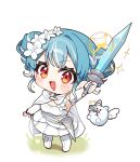  1girl :3 :d absurdres blush breasts cape chibi chibi_only creature double_bun dress eyelashes hair_bun highres holding holding_sword holding_weapon kiwipodo looking_at_viewer medium_breasts multicolored_hair open_mouth pantyhose red_eyes shiranami_ramune short_hair sidelocks simple_background single_hair_intake smile solo sparkle streaked_hair sword virtual_youtuber vspo! weapon white_background white_cape white_dress white_pantyhose white_streaks 