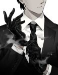  1boy absurdres adjusting_clothes adjusting_gloves black_gloves black_hair black_necktie black_suit collared_shirt commentary english_commentary eyes_out_of_frame gloves head_out_of_frame highres library_of_ruina male_focus necktie project_moon ratbuchet roland_(project_moon) shirt short_hair smoke solo sparkle suit upper_body white_background white_shirt 