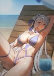  1girl arm_behind_head arm_up armpits bare_arms bare_shoulders beach beach_umbrella blue_eyes blurry blurry_background blurry_foreground breasts cameltoe casual_one-piece_swimsuit chair closed_mouth clothing_cutout commentary commission covered_nipples cowboy_shot cup day drink drinking_glass grey_hair groin hair_ribbon hairband half-closed_eyes hand_on_own_chest hand_up highres horizon huge_breasts hungr_(nyanom) hurricane_glass knee_up last_origin long_hair looking_at_viewer looking_to_the_side lounge_chair multicolored_hairband navel ocean on_chair one-piece_swimsuit outdoors partially_visible_vulva purple_hairband purple_one-piece_swimsuit purple_ribbon reclining ribbon shade sideways_glance smile solo sowan_(last_origin) stomach stomach_cutout sweat swimsuit thigh_strap two-tone_hairband umbrella very_long_hair water white_hairband white_ribbon 