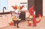  1girl baking bluukiss braixen charmeleon chocolate_chip_cookie commentary cookie english_commentary fire flame-tipped_tail food full_body furry furry_female green_eyes happy holding_baking_sheet indoors kitchen open_mouth pokemon pokemon_(creature) red_eyes sink stove tail towel wooden_floor 