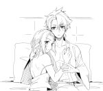  1boy 1girl abs bed bleach camisole commentary english_commentary expressionless hand_in_another's_hair hetero highres hitsugaya_toushirou kurosaki_karin monochrome pillow robe shoulder_blades silegesi sitting strap_slip 