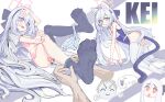  1boy 1girl absurdres all_fours animal_ears black_hairband black_thighhighs blue_archive blue_one-piece_swimsuit cat_ears cat_tail censored chinese_commentary commentary_request doodle_sensei_(blue_archive) hair_between_eyes hairband halo highres kei_(blue_archive) kei_(new_body)_(blue_archive) long_hair looking_at_viewer meiruruu old_school_swimsuit one-piece_swimsuit open_clothes open_shirt panties pink_eyes rectangular_halo removing_thighhigh school_swimsuit sensei_(blue_archive) sitting striped_clothes striped_panties swimsuit tail thighhighs underwear white_hair white_thighhighs 