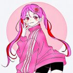  1girl absurdres black_shorts blush closed_mouth colored_eyelashes commentary_request earrings firework_japan hair_between_eyes hair_ornament highres jacket jewelry long_hair long_sleeves looking_to_the_side original parted_bangs piercing pink_eyes pink_hair pink_jacket shorts sideways_glance smile solo star_(symbol) star_hair_ornament striped_clothes striped_jacket twintails vertical-striped_clothes vertical-striped_jacket vertical-striped_sleeves wavy_mouth 