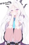  1girl absurdres ahoge black_horns black_skirt blue_archive collared_shirt commentary demon_girl demon_horns hair_between_eyes highres hina_(blue_archive) horns kanimiso30601 long_hair looking_at_viewer multiple_horns necktie panties purple_eyes school_uniform shirt short_sleeves skirt solo underwear untranslatable_commentary white_background white_hair white_panties white_shirt 