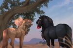 ambiguous_feral ambiguous_gender black_body black_mane black_tail day duo equid equine eyelashes feral flower_in_mouth hi_res horse huskii-s leg_markings mammal mane markings orange_mane orange_tail outside plant quadruped socks_(marking) tail tan_body tree yellow_eyes