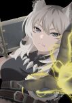  1girl absurdres animal_ear_fluff animal_ears black_background breasts chinese_commentary commentary_request fang fantasy6gp677 girls_band_cry girls_band_cry_rpg gloves grey_eyes grey_gloves grey_hair highres kawaragi_momoka long_hair looking_at_viewer medium_breasts multicolored_hair roots_(hair) simple_background solo upper_body wolf_ears wolf_girl 