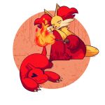 >_< 1girl charmeleon claws closed_mouth commentary delphox english_commentary fire flame-tipped_tail full_body furry furry_female holding holding_stick lullambii outdoors pokemon pokemon_(creature) red_eyes stick tail 