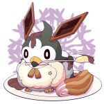  beak commentary_request cosplay eevee eevee_(cosplay) food food_on_head mouth_hold no_humans object_on_head pokemon pokemon_(creature) pokemon_focus spoon starly yumemikitune 