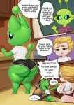absurd_res alien alien_humanoid anthro big_butt biped blonde_hair bottomwear breasts butt clothed clothing comic dialogue english_text eyelashes felid feline female glistening glistening_body green_body hair hi_res human humanoid mammal nebssik pupils shirt shorts smile speech_bubble text thick_thighs topwear
