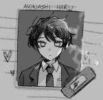  1boy akinashi_haru akinatsu_fan bandaid breast_pocket collared_shirt commentary double-parted_bangs empty_eyes english_commentary greyscale hair_between_eyes heart jacket male_focus monochrome necktie open_clothes open_jacket photo_(object) pocket saihate_eki shirt short_hair sidelocks solo suit_jacket upper_body 