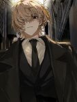  1boy absurdres alley black_coat black_necktie black_suit blonde_hair coat collared_shirt fura_kanato highres lapels looking_at_viewer male_focus matsuhago necktie nijisanji purple_eyes shaded_face shirt short_hair solo suit upper_body virtual_youtuber 