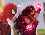  1boy 1girl absurdres armpits blurry blurry_background brown_hair dark-skinned_female dark_skin depth_of_field elbow_gloves english_text fingerless_gloves gloves green_eyes highres long_hair magic marvel marvel_rivals peppr_n'_salt scarlet_witch speech_bubble spider-man spider-man_(series) superhero_costume 