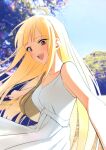  1girl absurdres ahoge bag blonde_hair blush breasts brown_bag brown_eyes cho_kaguya-hime! commentary_request day dress fang highres jingulbi kaguya_(cho_kaguya-hime!) long_hair medium_breasts open_mouth outdoors partial_commentary sidelocks sleeveless sleeveless_dress solo teeth upper_teeth_only white_dress 