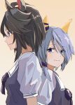 2girls ahoge animal_ears black_hair blue_eyes blue_hair blush bow bowtie breasts closed_mouth commentary_request ear_covers fuji_kiseki_(umamusume) hair_between_eyes highres horse_ears horse_girl k.s.miracle_(umamusume) medium_breasts multicolored_hair multiple_girls puffy_short_sleeves puffy_sleeves purple_bow purple_bowtie purple_shirt sailor_collar sailor_shirt school_uniform shirt short_hair short_sleeves simple_background smile tracen_school_uniform umamusume white_hair white_sailor_collar yoojp 