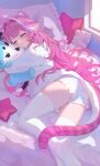  1girl absurdres alternate_costume animal_ears ass blush chattino_(raora_panthera) closed_mouth commentary djo_reddjo fang highres hololive hololive_english hug long_hair lying on_side panther_ears panther_girl panther_tail pillow pink_hair raora_panthera shirt shorts skin_fang sleeping tail thighhighs virtual_youtuber white_shirt white_shorts white_thighhighs 