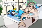 2023 4_fingers anthro aquatic artist_name bathing bathroom bathtub biped black_sclera brown_body brown_countershading countershade_face countershade_neck countershade_tail countershade_torso countershading detailed_background dialogue digital_drawing_(artwork) digital_media_(artwork) duo emanata english_text eyewear faucet fin fingers fish fish_tail front_view gills glasses head_fin jewelry looking_back male mouth_closed multicolored_body neck_gills necklace partially_submerged plant portrait rear_view red_stripes round_glasses rubber_duck shark sky_k.i._(character) skykdotidot snout speech_bubble striped_fin stripes tail text three-quarter_portrait towel two_tone_body water wearing_glasses white_body white_countershading yellow_eyes