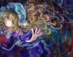  1girl back_bow blonde_hair blue_eyes bow bowtie bug butterfly collared_dress commentary_request contrast_collar disembodied_eye dress flower_symbol frills from_above gap_(touhou) hat heterochromia long_hair long_sleeves maribel_hearn minus_(sr_mineka) mob_cap night open_mouth purple_dress red_bow red_bowtie redrawn sash sleeve_garter solo star_(sky) touhou uwazumi very_long_hair white_bow white_hat white_sash yellow_eyes 