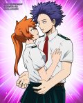  1boy 1girl absurdres blue_hair boku_no_hero_academia breasts effasempai from_behind green_eyes hand_on_own_chest highres kendou_itsuka large_breasts long_hair looking_at_another necktie open_mouth orange_hair school_uniform shinsou_hitoshi short_hair smile spiked_hair teeth 