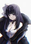  1girl bare_shoulders black_hair black_jacket breasts cleavage dress fur-trimmed_jacket fur_trim glitch grey_background highres indie_virtual_youtuber jacket kitasaya_ai long_hair looking_at_viewer medium_breasts multicolored_hair off_shoulder parted_lips purple_eyes purple_hair ririsya simple_background sleeveless sleeveless_dress solo streaked_hair upper_body virtual_youtuber white_dress 