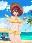  1girl :d atelier_(series) atelier_ryza atelier_ryza_2 beach bikini bikini_skirt brown_eyes collarbone commentary contrapposto cowboy_shot day dolphin frilled_bikini frills hands_up hat highres holding holding_ice_cream holding_spoon looking_to_the_side marine_day navel ocean off-shoulder_bikini off_shoulder official_art puni_(atelier) red_hair short_hair smile solo sophie_neuenmuller spoon straw_hat sun_hat swimsuit toridamono yellow_bikini 