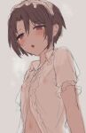  1boy androgynous blush brown_hair collared_shirt commentary_request covered_nipples dot_nose frilled_shirt frills grey_background hair_between_eyes headdress looking_to_the_side male_focus midriff_peek navel open_mouth original purple_eyes see-through_clothes see-through_shirt shirt short_hair short_sleeves sketch solo sunaba_(nczd5875) sweat trap upper_body 