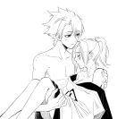  1boy 1girl abs bite_mark bleach borrowed_clothes breasts carrying cleavage closed_eyes clothed_female_nude_male commentary english_commentary haori hatching_(texture) hetero hickey highres hitsugaya_toushirou implied_after_sex japanese_clothes kurosaki_karin medium_breasts monochrome nude ponytail princess_carry silegesi sleeping taichou_haori 