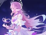  1girl 1toyd0ottw50661 amphoreus_(honkai:_star_rail) breasts closed_eyes commentary cyrene_(demiurge)_(honkai:_star_rail) cyrene_(honkai:_star_rail) dress halo honkai:_star_rail honkai_(series) long_hair medium_breasts mobius_strip night pink_hair pointy_ears solo very_long_hair white_dress 