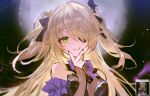  1girl adelie_cat bare_shoulders black_bow black_nails blonde_hair bow bowtie breasts eyepatch fingernails fischl_(genshin_impact) genshin_impact green_eyes hair_bow hair_over_one_eye long_fingernails long_hair looking_at_viewer moon one_eye_covered open_mouth portrait purple_bow purple_bowtie small_breasts smile solo swept_bangs two_side_up v v_over_mouth 