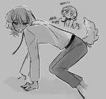  1boy akinatsu_fan all_fours animal_ears arrow_(symbol) belt belt_collar blunt_bangs blush collar commentary dog_boy dog_ears dog_tail droopy_ears english_commentary english_text feet_out_of_frame from_side greyscale kemonomimi_mode leash long_sleeves looking_at_viewer male_focus medium_hair monochrome open_mouth pants saihate_eki sidelocks solo sweat tail tail_wagging tatsunami_shion turning_head 