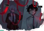  2boys akinashi_haru black_hair blonde_hair blue_eyes blue_necktie border brown_cardigan cardigan collared_shirt commentary english_commentary english_text fading_border grey_background hair_between_eyes long_sleeves male_focus medium_hair multiple_boys necktie one_eye_closed open_cardigan open_clothes open_mouth pants red_eyes red_necktie red_pants red_ribbon ribbon saihate_eki shirt short_hair sidelocks speech_bubble sweat tatsunami_shion tie_clip tosteurmori upper_body wavy_mouth white_shirt 