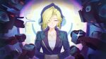  1girl 6+others absurdres bad_link blonde_hair blue_jacket blunt_ends breast_pocket camera closed_eyes collarbone cropped_torso eyelashes fulwish_(honkai:_star_rail) game_asset hair_between_eyes hand_up highres holding holding_microphone honkai:_star_rail honkai_(series) interview jacket jewelry lapels long_hair_between_eyes long_sleeves microphone multiple_others necklace official_art other_focus own_hands_together pearl_necklace pocket shadow shirt short_hair smile solo_focus sparkle spotlight tearing_up teeth upper_body white_shirt 