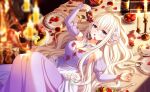  1girl apple bare_shoulders black_border blood blueberry blurry blurry_background blurry_foreground border bottle breasts burning cake cake_slice candle cherry cleavage commentary_request cup depth_of_field detached_sleeves dress drinking_glass eating fire flower food fork fruit game_asset grapes hair_between_eyes hair_flower hair_ornament highres jewelry knife letterboxed lilja_kurtbay long_hair looking_at_viewer lying meat medium_breasts necklace non-web_source official_art on_back open_mouth orange_(fruit) orange_flower pancake pastry pillarboxed pink_flower pink_rose plate purple_dress purple_eyes red_flower red_rose rose self-datamine solo spoon strawberry strawberry_shortcake table tea teacup very_long_hair white_flower white_hair white_rose wine_bottle wine_glass world_dai_star 